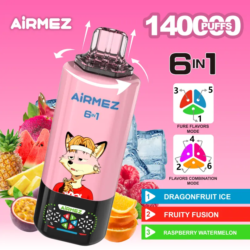 Airmez FOX 140K 6in1 eldobható vape – 140.000 slukk, 6 íz, Type-C töltés, okos kijelző