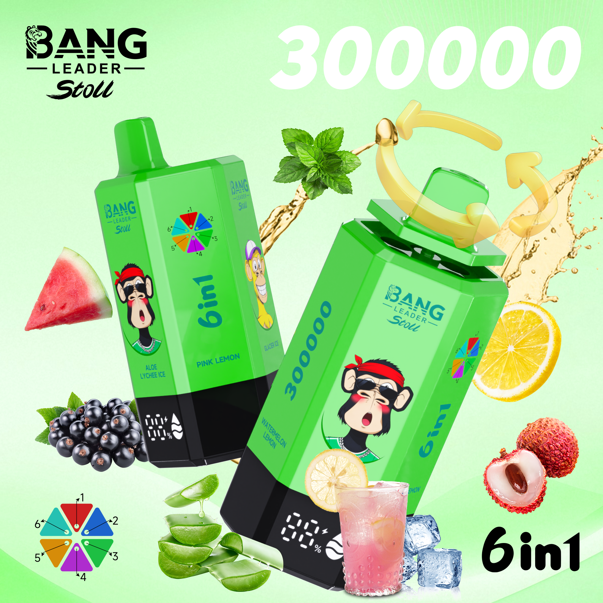 BANG Leader Stoll 300K 6in1 eldobható vape – 300.000 slukk, 6 íz, Type-C töltés