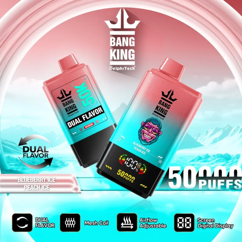 Bang King Dual Flavor 50K Puffs 2in1 eldobható vape – 50 000 slukk, 2in1 ízváltó technológia, 26 ml e-liquid, 1000 mAh akkumulátor, Type-C gyorstöltés, TPD tanúsított