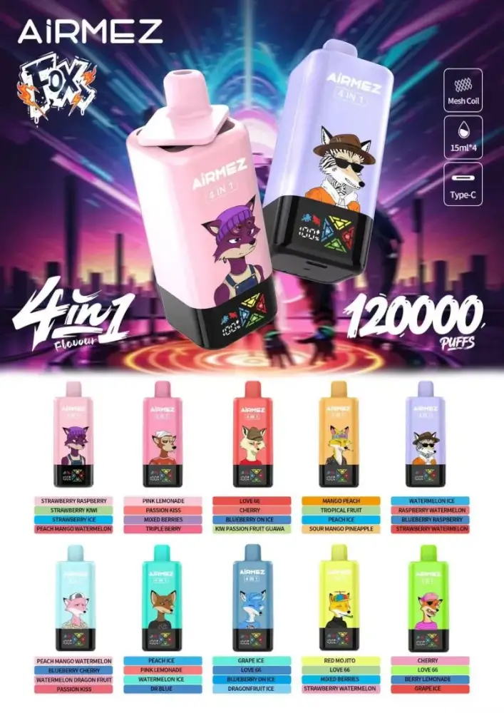 Airmez FOX 120K 4in1 eldobható vape – 120.000 slukk, 4 íz, LED kijelző, Type-C töltés