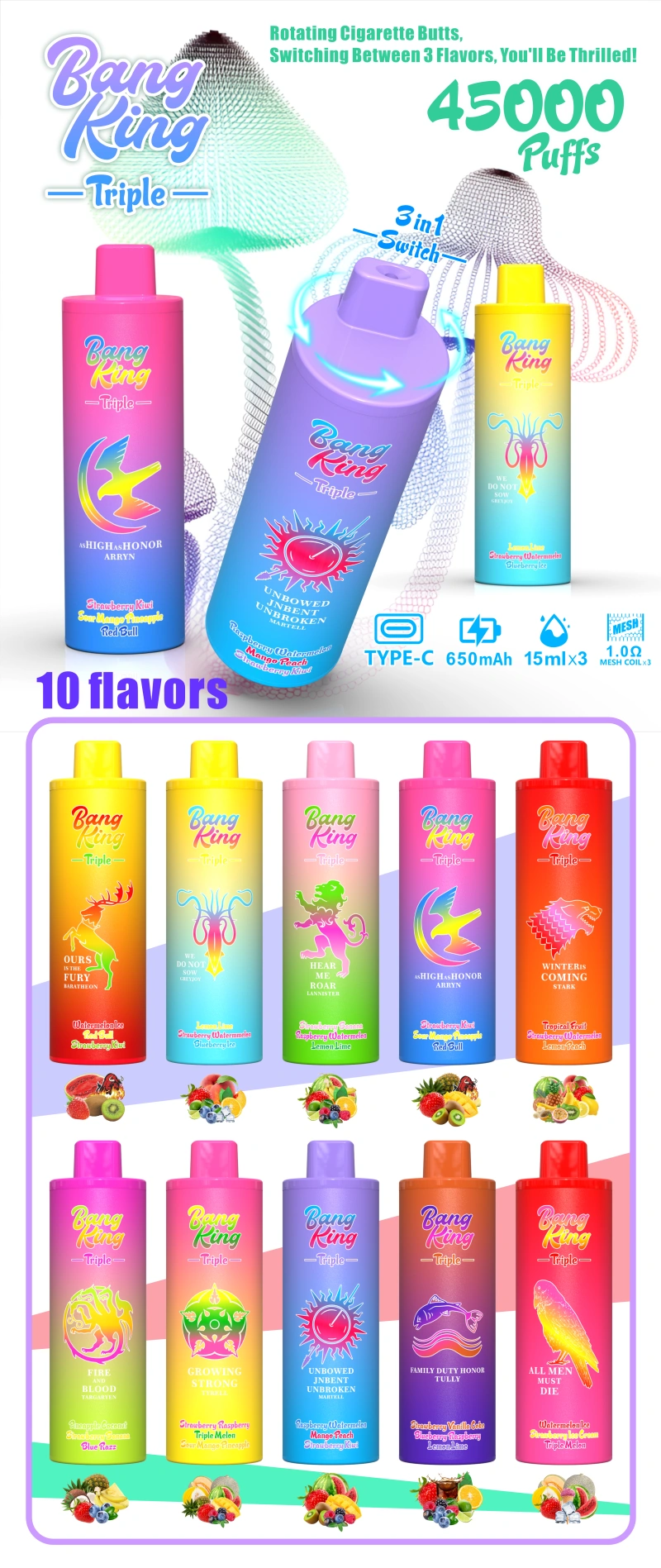 Bang King Triple 45K Puffs 3in1 eldobható vape – 45 000 slukk, 3in1 ízváltó technológia, 28 ml e-liquid, 850 mAh akkumulátor, Type-C gyorstöltés, TPD tanúsított