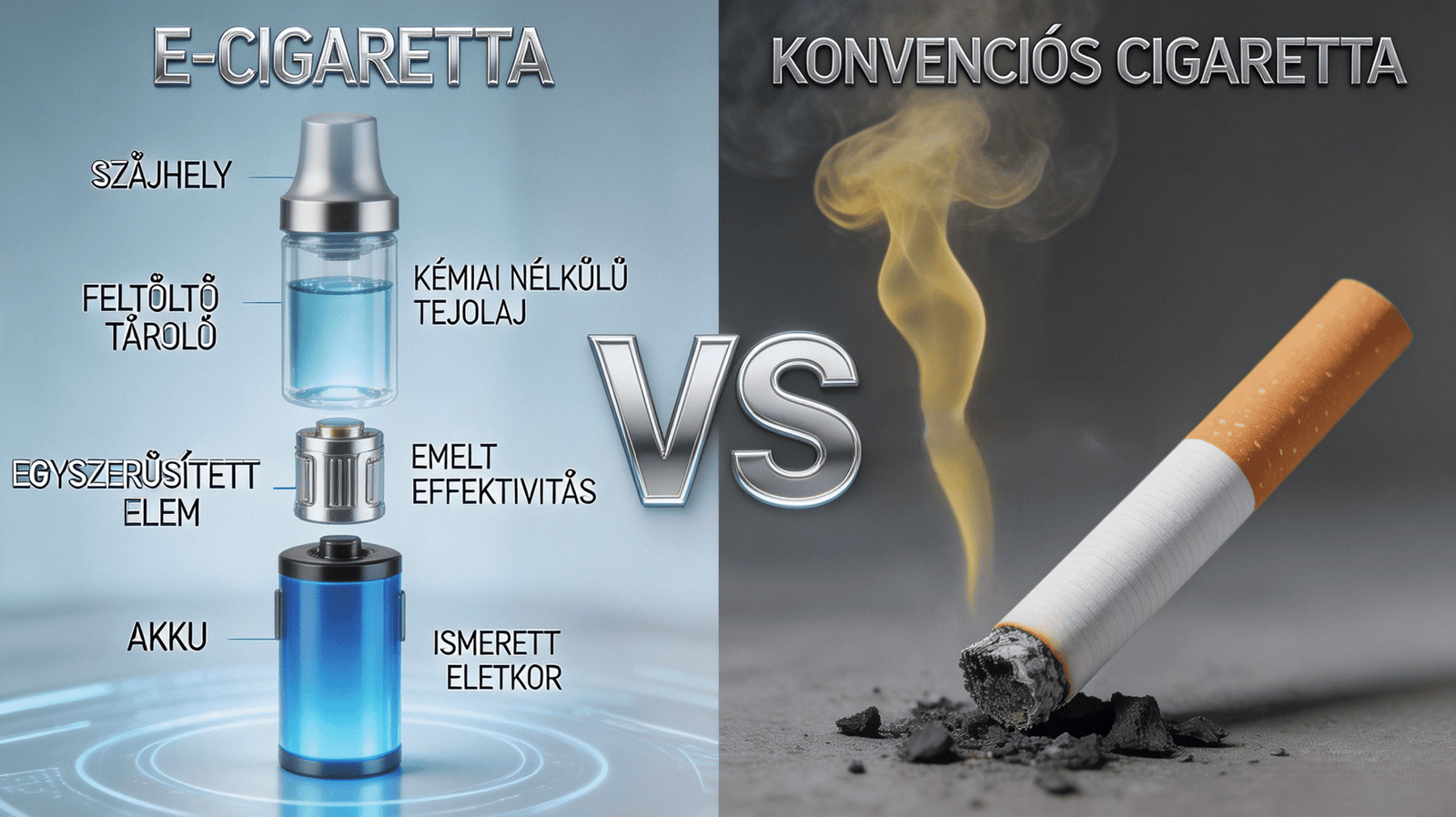 Eldobható vape vs hagyományos cigaretta összehasonlító ábra – költség, egészségügyi kockázat, környezeti hatás
